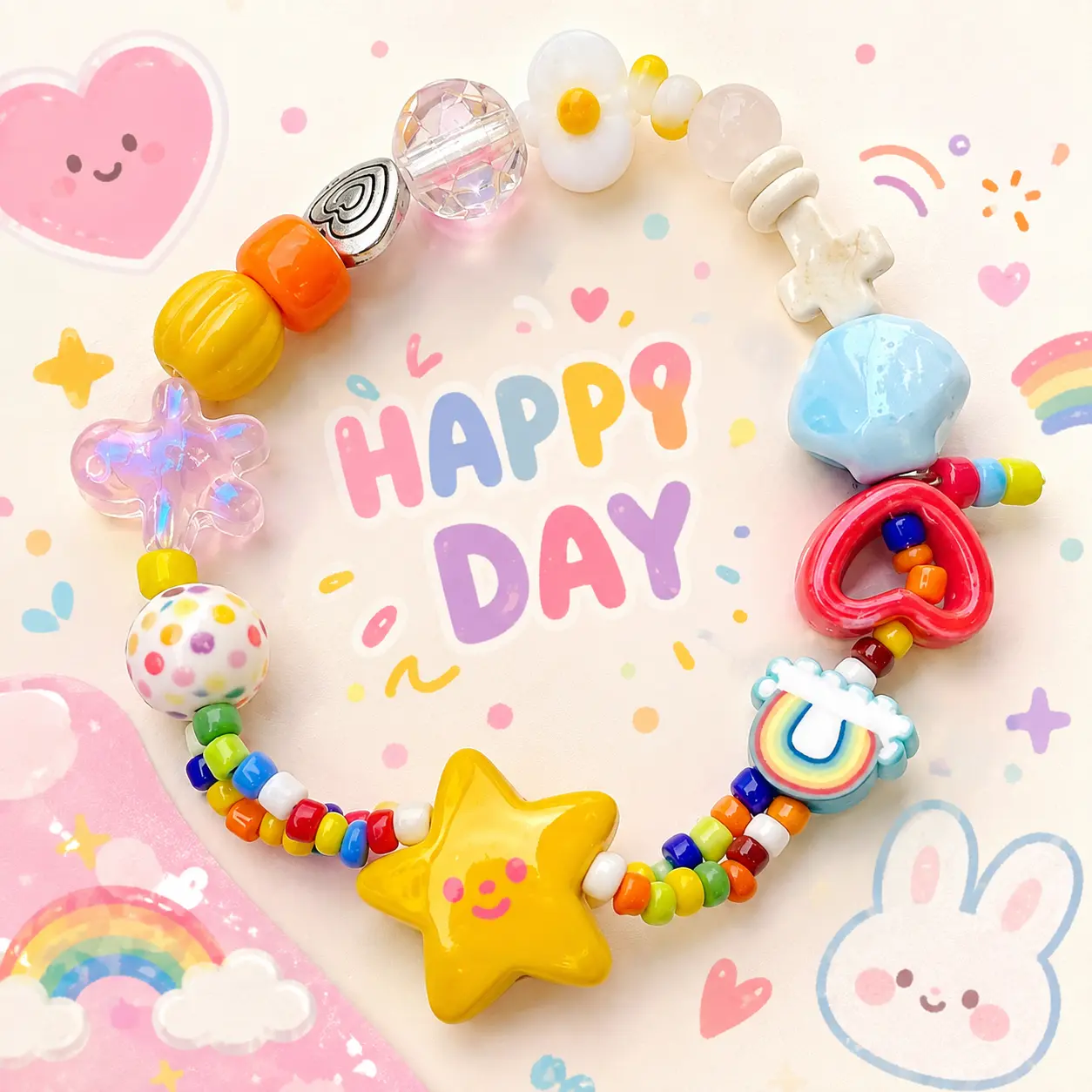 Colorful Y2K Handmade Beaded Bracelet, Cute Cartoon Charms, Sweet Days & I Think I Love U Statement Bracelet, Girls Friendship Jewelry Gift