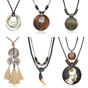 Sanfenly 6 Pcs Long Pendant Necklaces Set for Women Vintage Bohemian Tribal Tassel Leaf Wood Brown Sweater Necklace Adjustable Statement Handmade Jewelry Gifts
