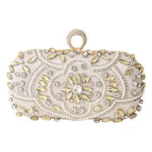 Handcrafted Bead & Diamond Clutch - Rhinestone Ring Button Evening Banquet Bag Metallic Foil Party Clutch With Detachable Strap