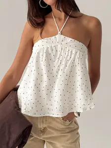 Polka Dot Halter Crop Top Women Sexy Strapless Double Layered Summer Tops