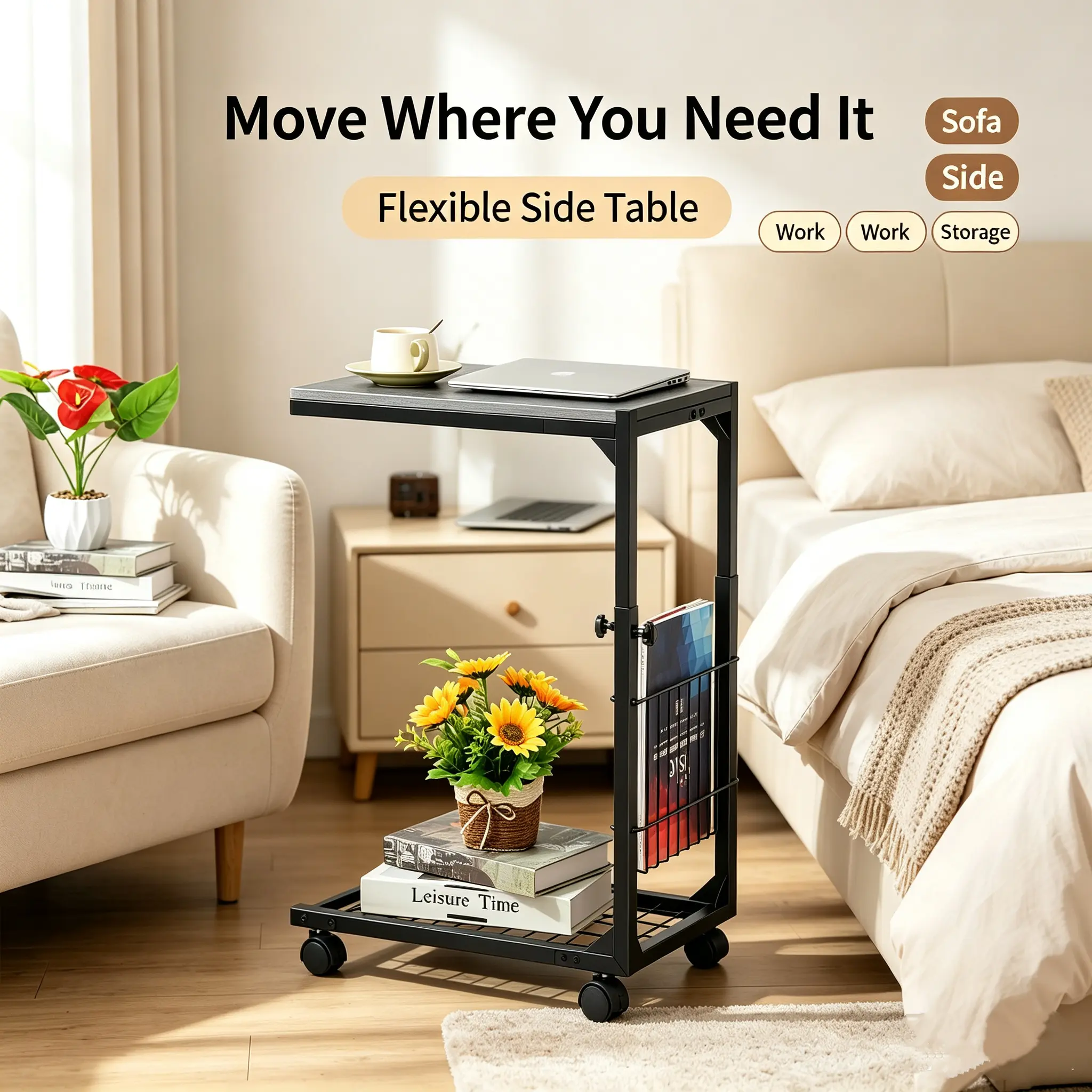 Casual Rolling Adjustable Height Bedside Table - Waterproof Sit Stand Standing Desk with Storage Basket, Casters, Computer Desk Indoor Furniture for Bedroom, Living Room