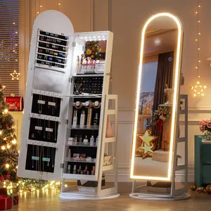 Dystler Standing LED Mirror Jewelry Cabinet – Lockable Jewelry Armoire with Arched Full-Length Mirror, Adjustable LED Lights, Ideal Mothers Day Gift