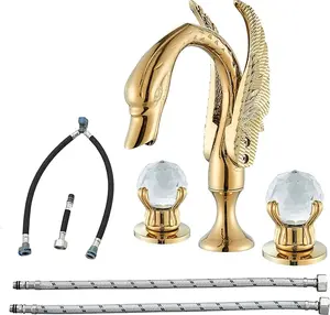 8 Inch Widespread Modern Victorian Golden Swan Bathroom Sink Faucet, 2 Handle High Arc Waterfall Spout 3 Holes Basin Mixer Tap, made of premium brushed brass material, modern & vintage integrated, a wonderful choice for bathroom upgrade
