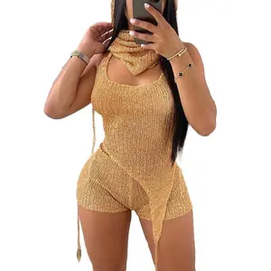 Women's Sexy 3-Piece Set: Sequin-Knit Backless Asymmetrical Halter Top, Crochet Shorts, and Party-Style Hooded Headpiece—A Sexy, Body-Sculpting, Cutout Mini-Shorts Ensemble summervibes