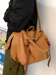 Drawstring Detail Crossbody Bag, Large Capacity Shoulder Bag, Fashion Zipper Bag with Bag Charm, Casual Fabric Purse for All Seasons