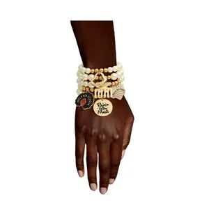 Black Girl Magic Stacked Beaded Bracelet; Set of 5 bracelets & 5 Charms; Variety colors: Gold, Silver, Hot Pink; White Pearl, Cream Pearl, Matt Black.