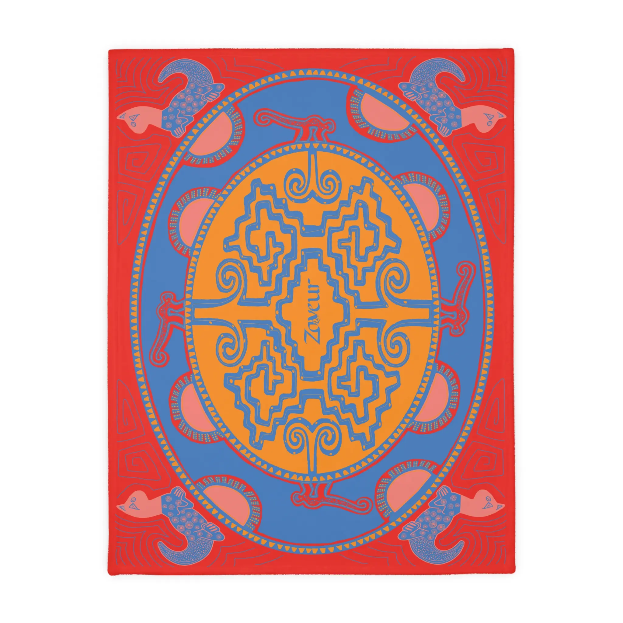 Colombian Dreams Blue Orange Mandala blanket | Geometric Boho Throw, Red Border Velvet Microfiber