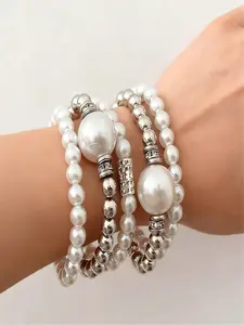 Women's Elegant Casual Faux Pearl Resin Elastic Beaded Bracelet Set, Daily Wedding Party Date Fashion Jewelry Silver Color