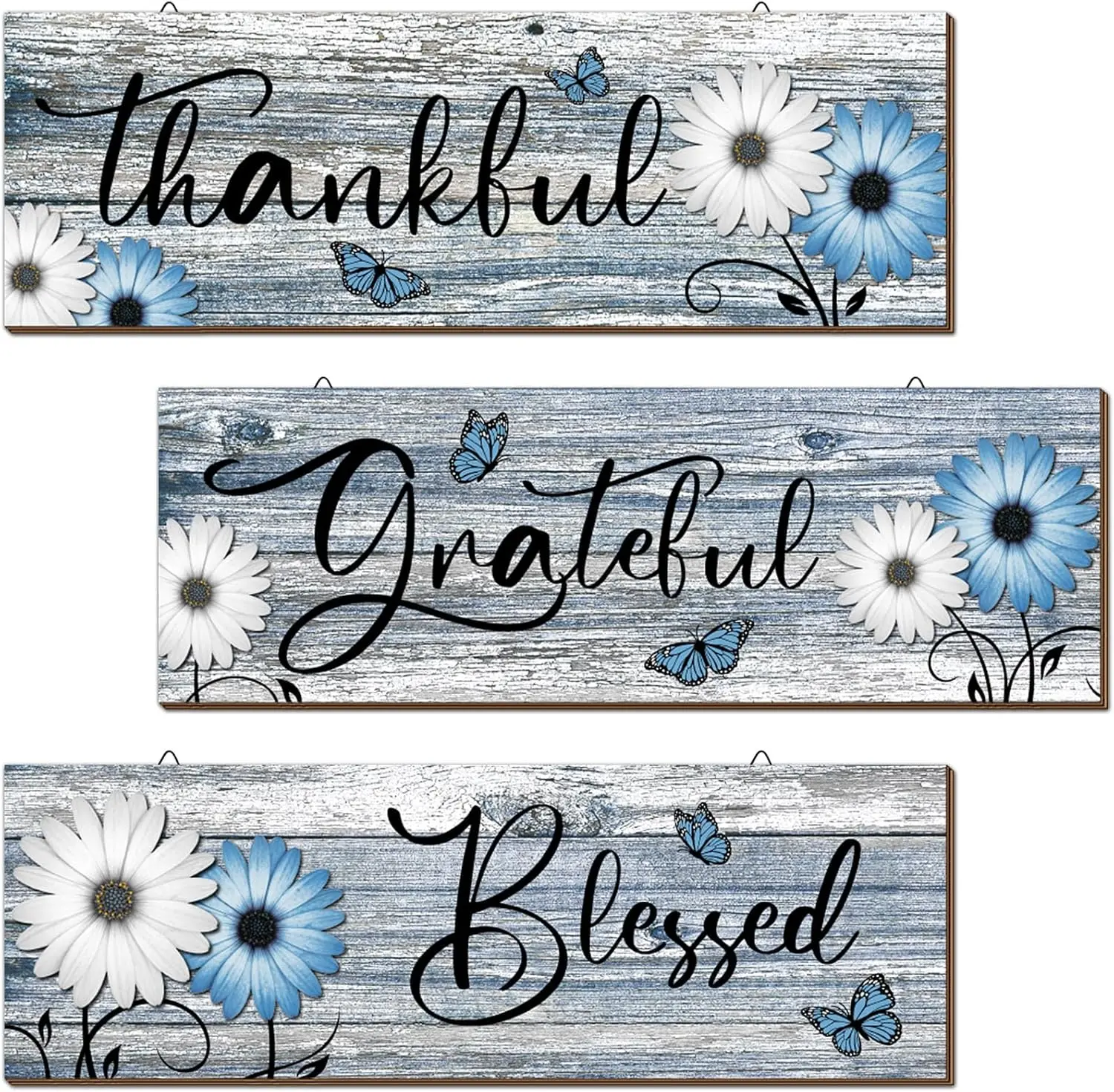 3 Pcs Thankful Grateful Blessed Wooden Signs Rustic Daisy Wood Wall Decor Inspirational Wall Art Signs Rustic Wooden Hanging Decorations for Bedroom Kitchen Living Room Bathroom Home (Blue)