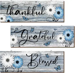 3 Pcs Thankful Grateful Blessed Wooden Signs Rustic Daisy Wood Wall Decor Inspirational Wall Art Signs Rustic Wooden Hanging Decorations for Bedroom Kitchen Living Room Bathroom Home (Blue)