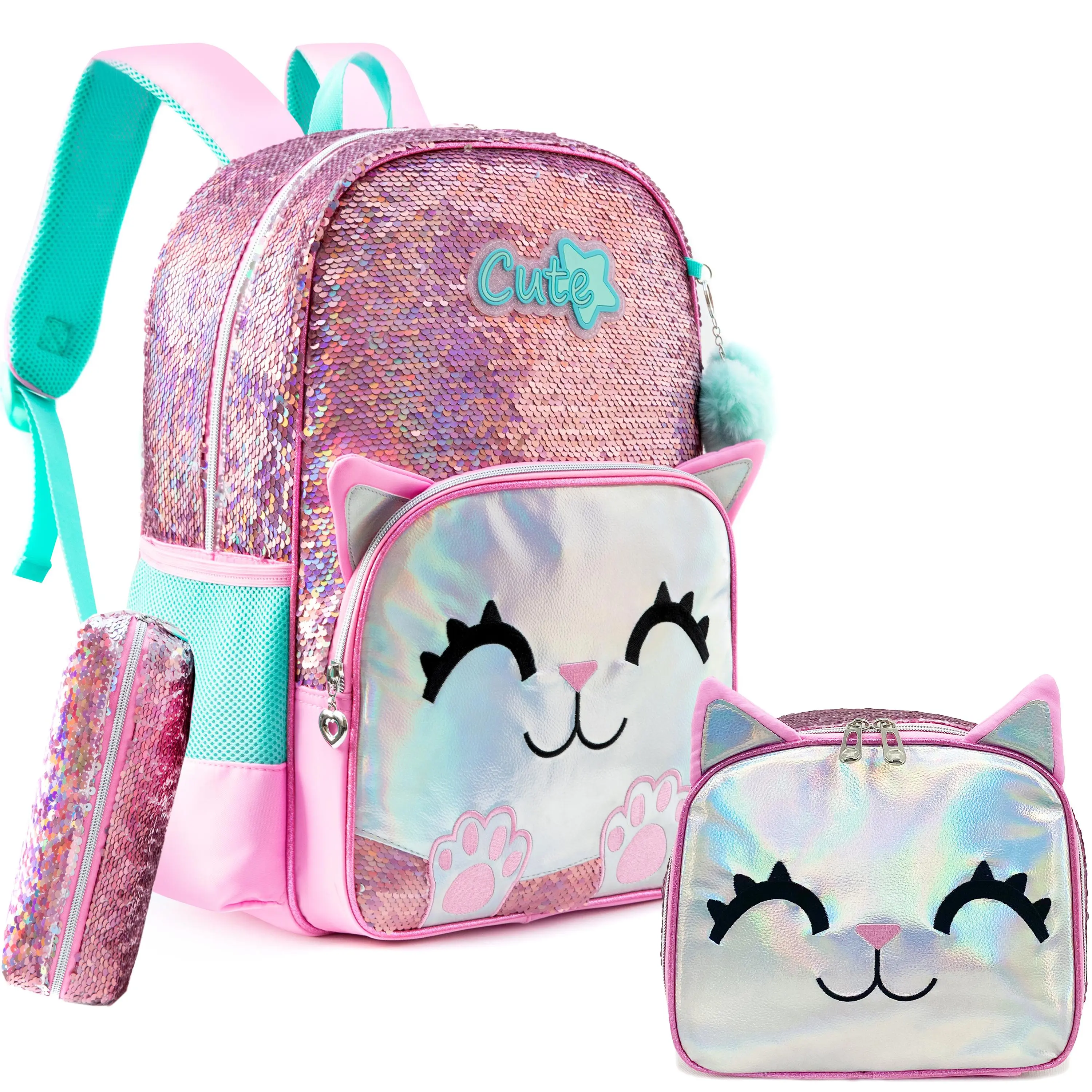 Reversible Sequin Cat Backpack for Girls, 3-in-1 Kids School Bag Set with Insulated Lunch Bag & Pencil Case, Lightweight, 3-In-1 Backpacks, Animal Figure Backpacks
