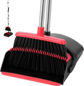 Broom and Dustpan Set, Broom with Dustpan Combo Set with Adjustable Handle Dust Pan Teeth to Automatically Clean Hair for Home Office Kitchen Lobby