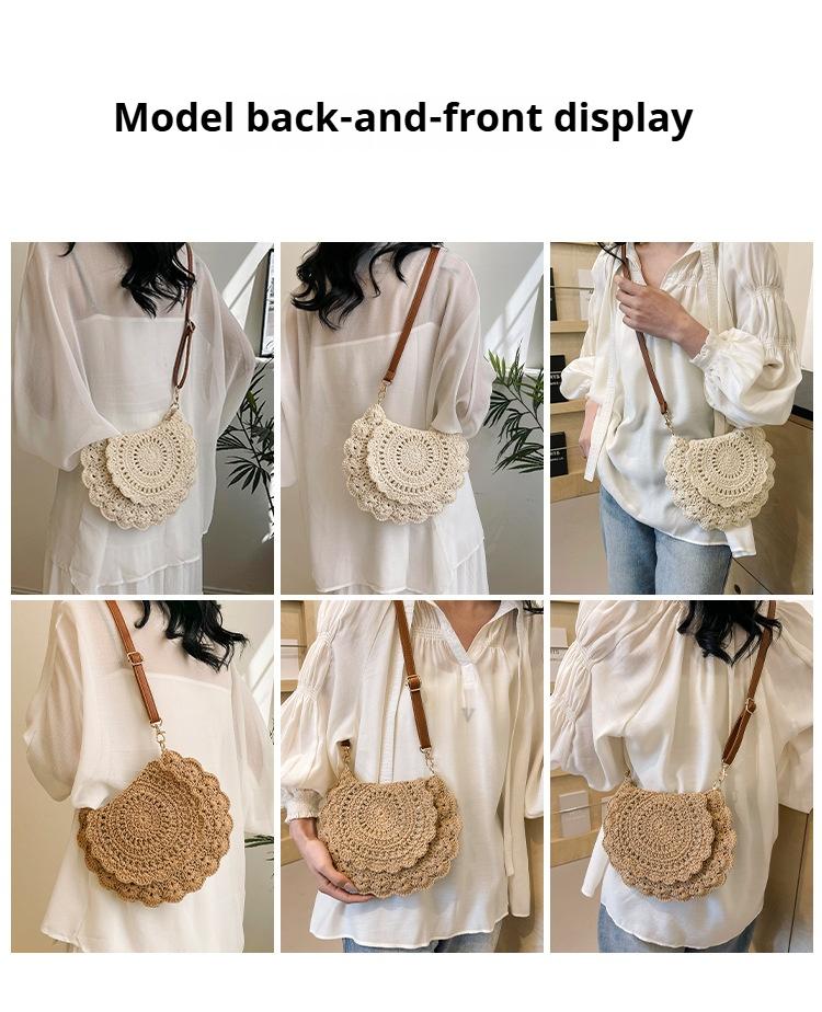 Lace-trimmed crossbody cotton woven bag, openwork straw shoulder bag, vacation-style beach bag, versatile women's bag.