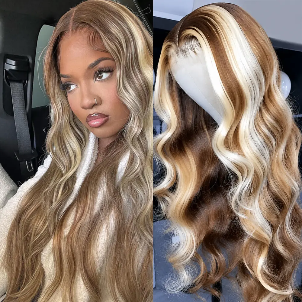 AMZ Women's 13x4 Lace Front Wavy Human Hair Wig, P4/613 Brown with Blonde Highlights Highlight Ombre Long Natural Looking Wig, Front Wavy Wig, Highlight Ombre Wig