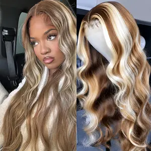 AMZ P4/613 Brown With Blonde Highlighted Straight Human Hair Wig 13x4 Lace Front Body Wave Wigs