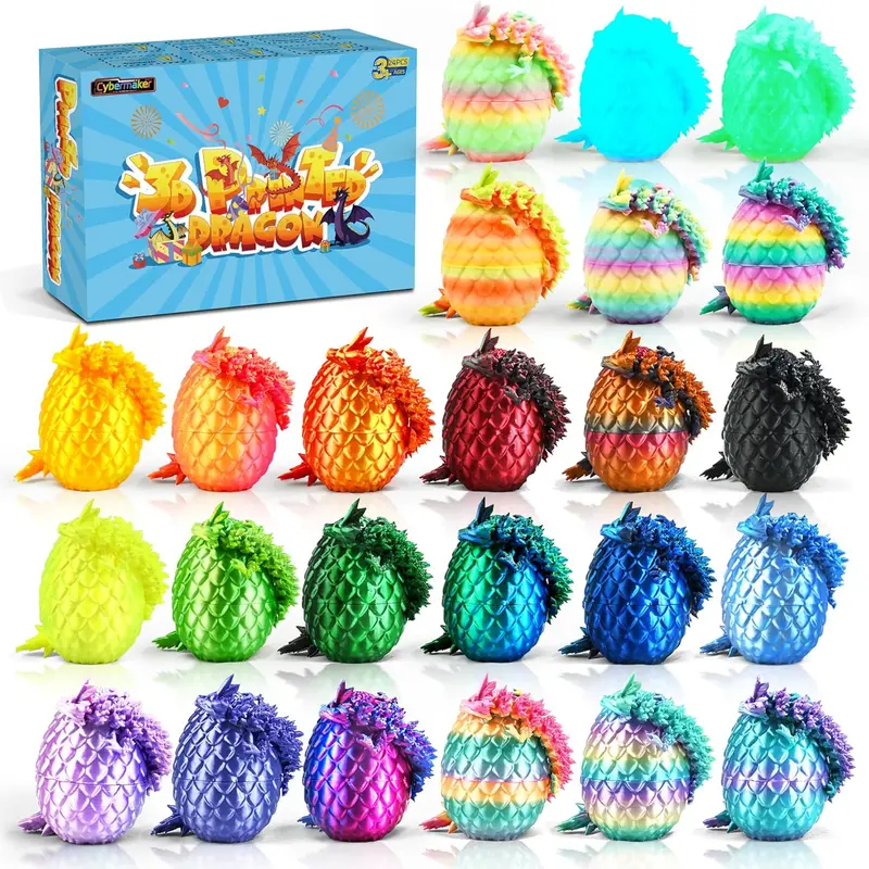 24-Piece BPA-Free Colorful 3D Printed Fantasy Dragon Egg Miniature Set - Articulated Fidget Kids Toys with Desk-Ready Dragons Inside, 8-10 Years Collectible Model Set, Classroom Prizes