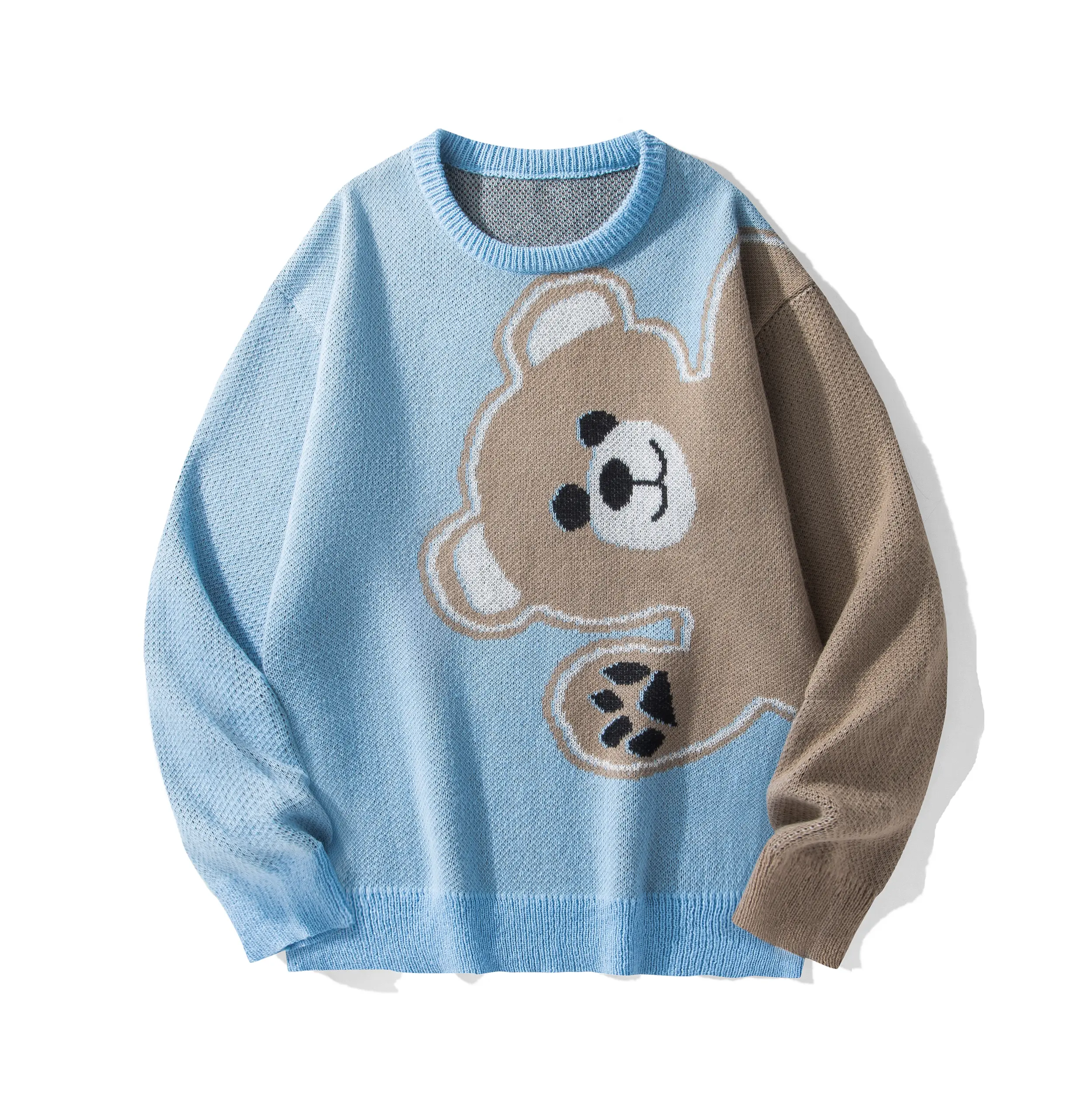 Cute Cartoon Bear Baggy Sweater, Unisex Oversize Menswear Jacquard Knit Tops with a Soft Round Neck for Casual Wear, Party, Knitting Crewneck Fabric