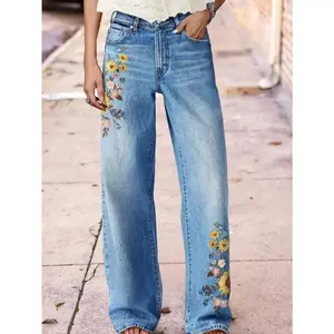 Women's Washed Blue Fashion Embroidered Print Micro-Elastic Slim Straight-Tight Casual Jeans  Leaf  Floral    Pocket  Zipper  Button    Daily