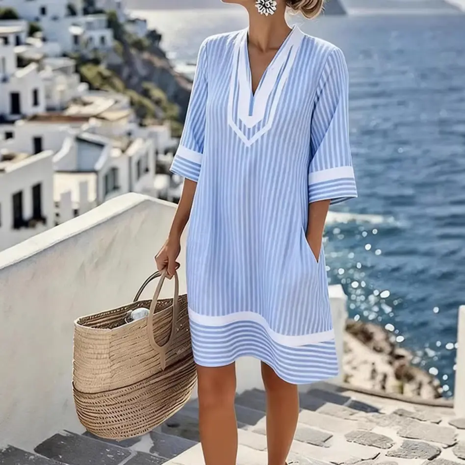 Women's 2026 New Striped Beach Dress, V Neck Half Sleeve Loose Cover Up, Bohemian Casual Shift Dress, Sun Protection Tunic for Summer Vacation, Pool Party and Resort Wear