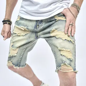 Men Retro Style Holes Stretch Slim fit Denim Shorts Summer Stylish Male Distressed Casual Five-point Denim Shorts
