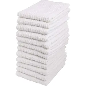 Living Fashions Bar Mop Cleaning Kitchen Dish Cloth Towels,100% Cotton, Machine Washable, Everyday Kitchen Basic Utility Bar Mop Dishcloth Set of 12, White