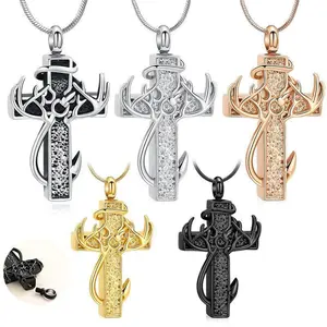 Stainless Steel Deer Antler Cross Ash Pendant Memorial for Loved Ones & Pets — Openable Ash Urn, Special Version