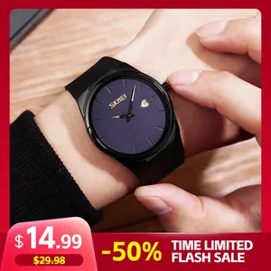 SKMEI men's minimalist watch with a 30 meter waterproof ultra-thin design and a black dial. It is a fashionable watch suitable for daily life, with a consistent style for both men and women, and comes with a calendar function