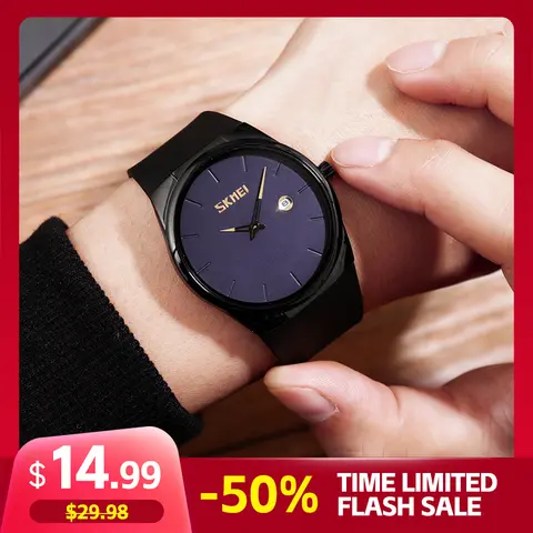 SKMEI Unisex Alloy Analog Casual Wristwatch - 40mm Round Face, 30m Waterproof (30M - 50M Range), Ultra-Thin, PU Leather Buckle Strap, Calendar Display, Hardlex Glass, Black Blue Minimalist Modern Fashion Accessory for Daily Use & Exams