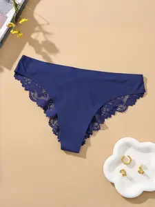 Women's Sexy Lace Triangle Panties, Ice Silk Fitted Underwear, Pure Cotton Crotch, Medium Waist Brazilian Style Lingerie