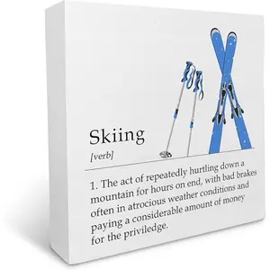 Winter Skiing Wooden Box Sign, Ski Lover Gifts for Women Men Wood Box Decorations for Home Ski Lodge, Skiing Definition Winter Wooden Block Plaque Desk Shelf Decor 5x5 Inch