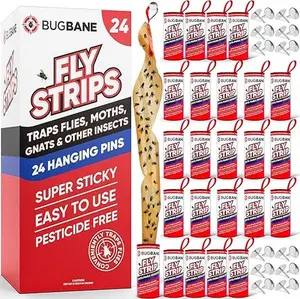Fly Strips Indoor Sticky Hanging 24pk with Pins. Non Toxic Outdoor Fly Trap Indoor for Home. Flies Tape Paper Trap Ribbon Roll for House Gnat Fruit and Housefly. Bug Catchers for Inside Home Flypaper
