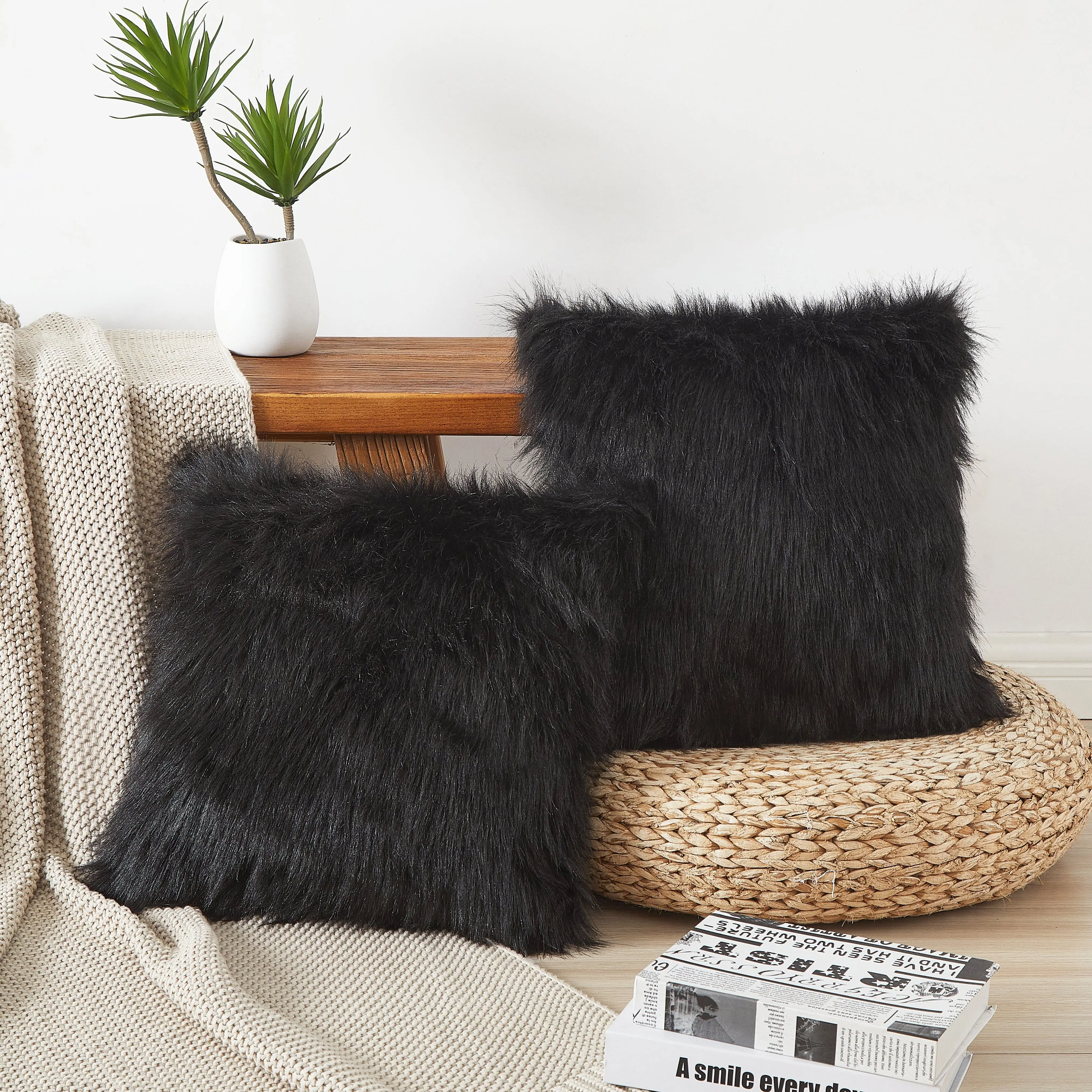 Flafia Faux Fur Fluffy Throw Pillow Covers, Black, Set of 2