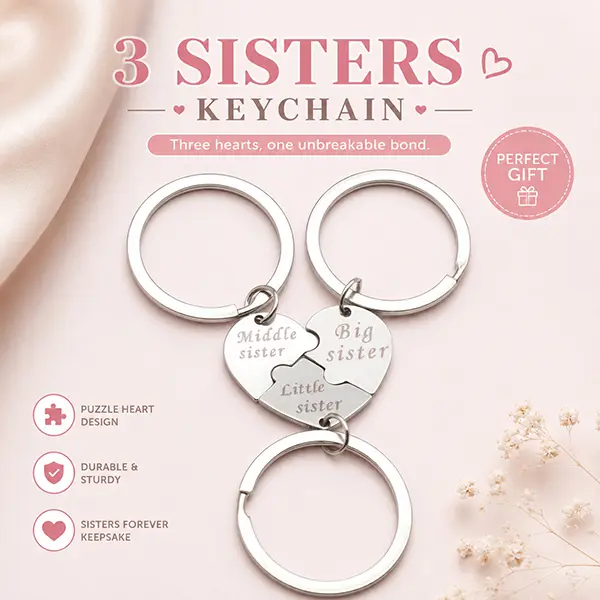 3 Sisters Keychain Set, Puzzle Heart Matching Keychains, Sister Birthday Gift, Family Keepsake
