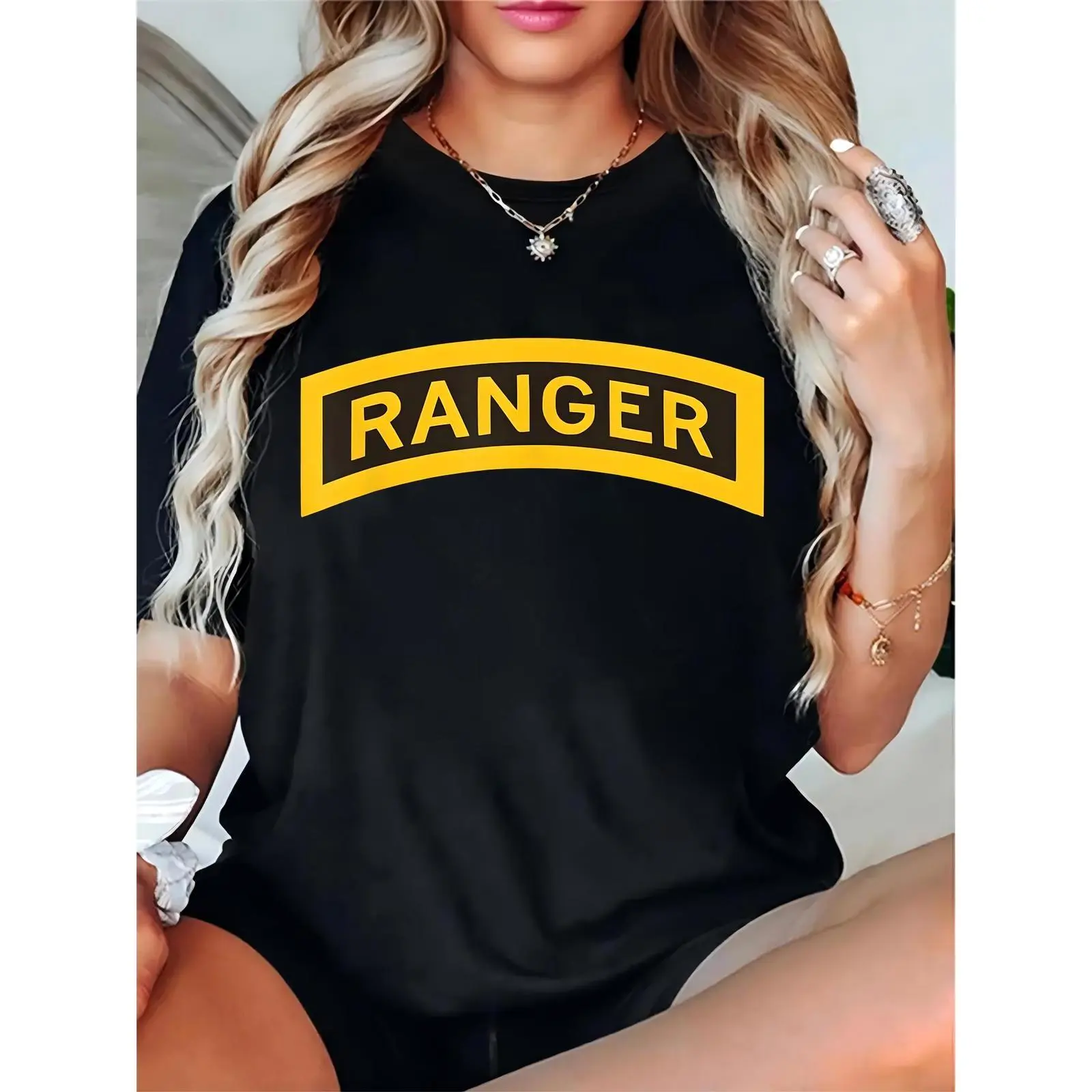 Women's Black Military-Inspired "RANGER" Graphic T-Shirt - Bold Yellow Text, Round Neck, Short-Sleeve, Breathable Cotton, Regular Fit, Casual Daily Top for Ladies