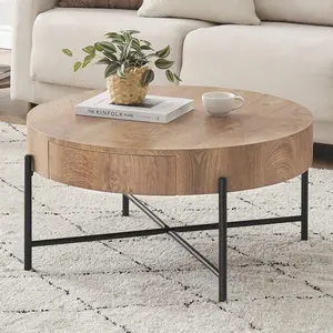 GAOMON Round Coffee Table with Two Drawers Circle Center Table with Storage Farmhouse Coffee Table Living Room Wood Look Cocktail Table with Metal Frame Natural