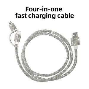 Diamond-studded  Four-in-One  dual Type-C data cable, supports 60W fast charging, compatible with Apple phones, iPads, and computers, features dual USB-C and Lightning connectors, suitable for car charging, 1.2-meter extra-long cable, Fast Charger