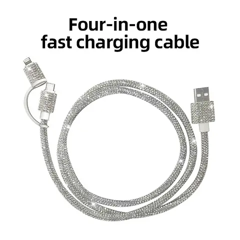 Diamond-studded  Four-in-One  dual Type-C data cable, supports 60W fast charging, compatible with Apple phones, iPads, and computers, features dual USB-C and Lightning connectors, suitable for car charging, 1.2-meter extra-long cable, Fast Charger