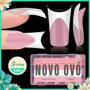 NOVO OVO White French Tip Duck Feet Nail Tips Full Cover for Press on Acrylic with Moon Curve, Thick Medim Long Pre-Etched Matter Flare Wide Soft Gel Fake False Nail Extension x 15 Sizes 150 pcs【NO GLUE ,TOP COAT AND LAMP INCLUDED】