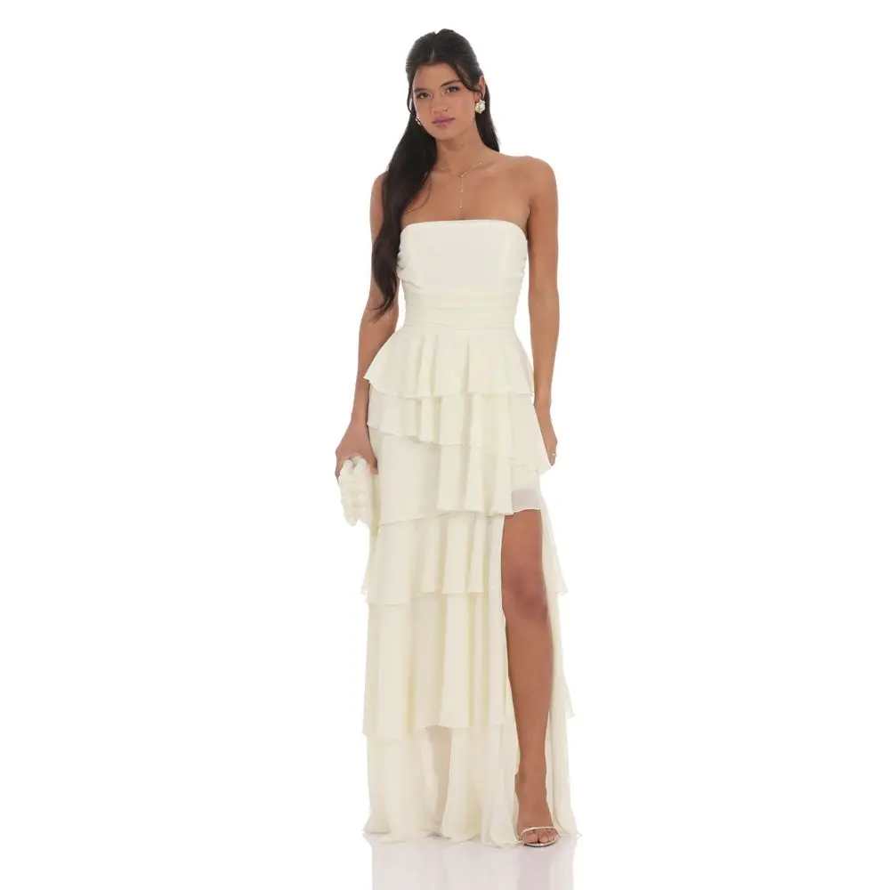 Corset Ruffle Strapless Maxi Dress in Pastel Yellow