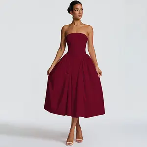 Solid Color Strapless Flattering Waist Seam A-Line Midi Dress for Women's 2025 Fall & Winter New Slim Fit Elegant Casual Outings Parties Date Sexy Night Club Must-Have Gown Dress
