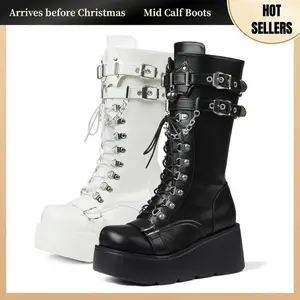 Women Gothic Knee High Boots Wedge Platform Mid Calf Round Toe Side Zip Boots Lace Up Punk Style Boots Comfortable Tall Punk Combat Boots