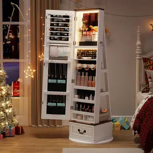 Miuvanity 3-in-1 360 Swivel Jewelry Cabinet with LEDLight, Lockable Jewelry Mirror Cabinet, Standing JewelryArmoire, Frameless Full-Length Mirror, 3 Storage ShelvesGift Idea Decor, Mirror with storage Nedn