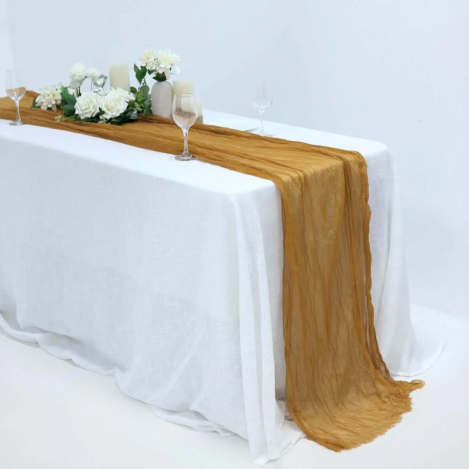 Gauze Cheesecloth Table Runner - 10ft Mustard Yellow Sheer but Textured Table Cloth, Rustic Boho Decorative Kitchen Linen for Banquet, Party, Event, Events Parties