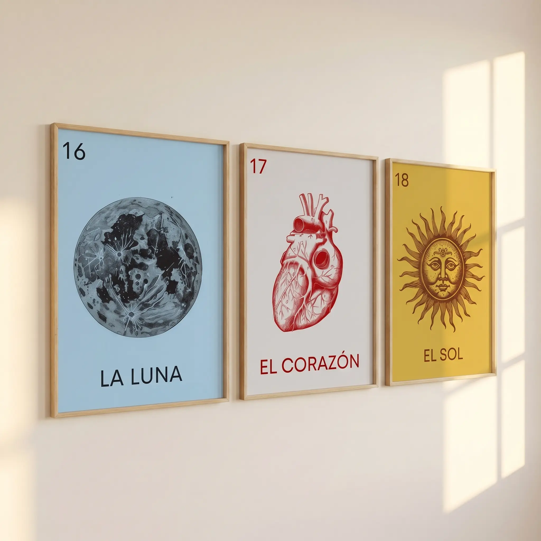 Set of 3 Mexican Loteria Wall Art Poster, La Luna El Corazon El Sol Art Print, Vintage Mexican Card Decor, Unframed Living Room Decor
