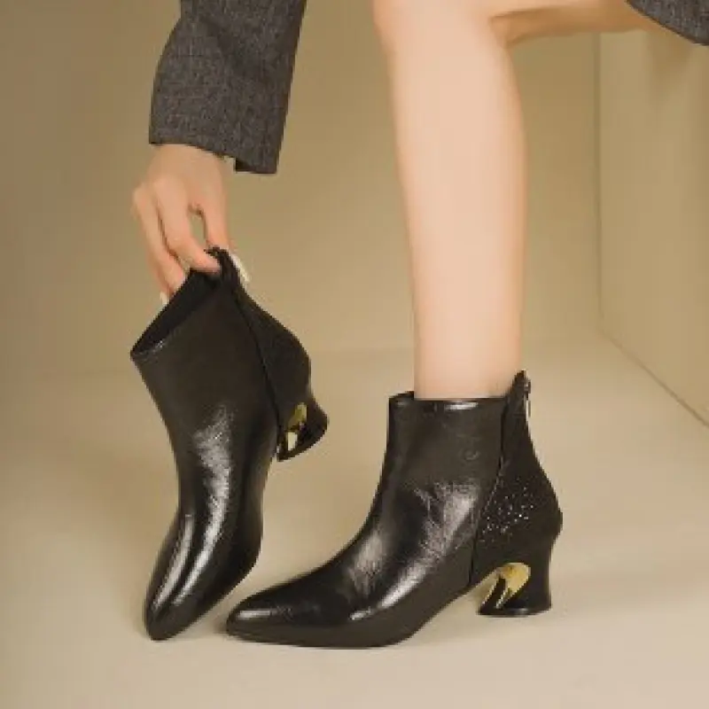 Metallic Glitter Ankle Boots for Women, Pointed Toe Mid-Heel Evening Party Footwear with Side Zipper