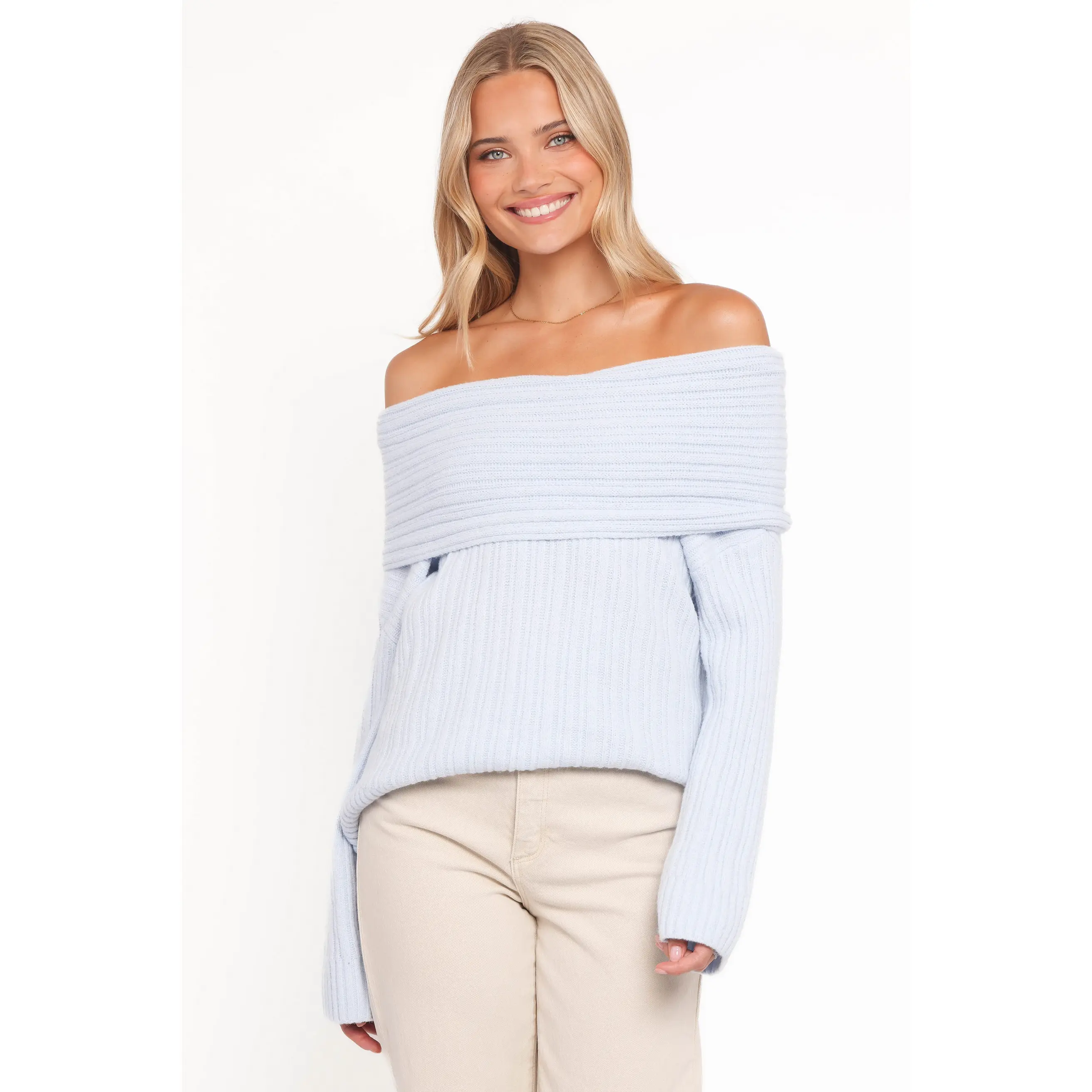Kenny Off Shoulder Knit Sweater - Pale Blue