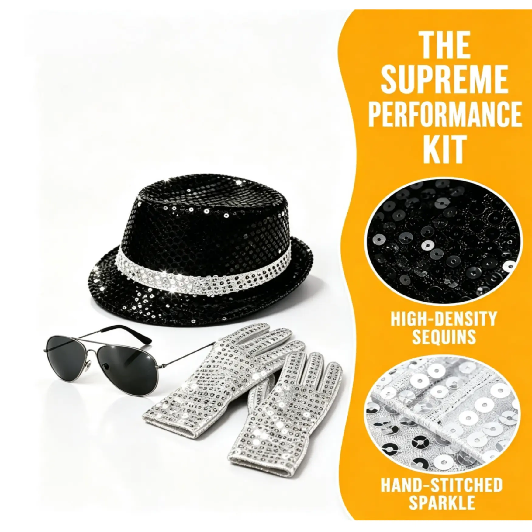 King of Pop Michael Jackson Disco Costume Accessory Set, Glitter Fedora Hat Sunglasses Sequin Gloves, Retro Stage Performance Props for Halloween Music Festival Nightclub Pool Beach Party