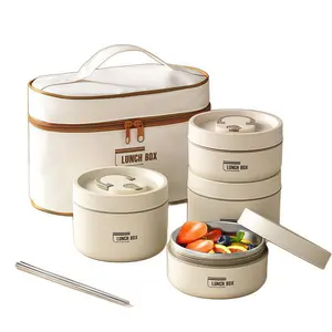 Arthink Stainless Steel Sealed Round Box Set with Insulated Lunch Bag 4 Stackable Adult Lunch Boxes Beige Modern Food Storage Travel Leakproof 3-Layer Thermal Meal Prep Containers Airtight Lids Microwave Safe TikTokShopBlackFriday