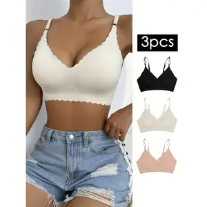 Women's Nylon Knit Solid Elegant Scallop Trim Wireless Push-Up Bra - Lightly Lined, Breathable, Comfortable Casual Lingerie, Hand Wash Only Underwear for Daily Wear