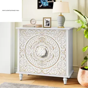 2-Door Carved Embossed Wood Accent Cabinet